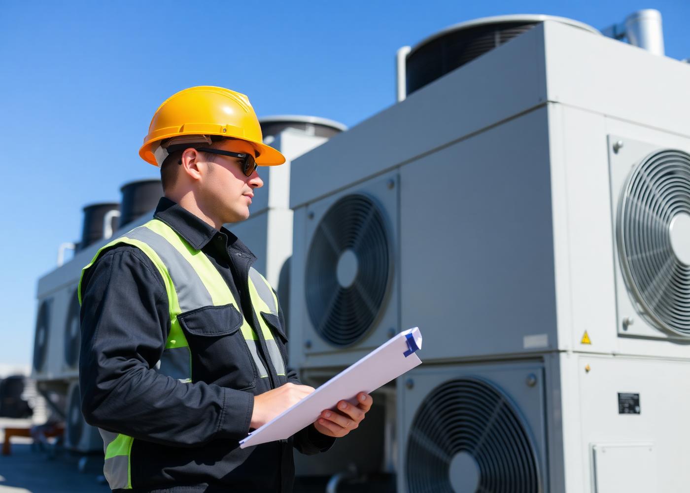 Engineer inspecting rooftop chillers